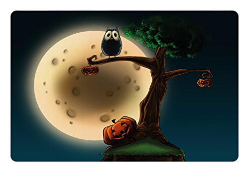 Lunarable Halloween Pet Mat for Food and Water  Cartoon of Spooky Tree with Large Eyed Owl Pumpkin Holiday Inspired Picture  Rectangle Non-Slip Rubber Mat for Dogs and Cats  Multicolor