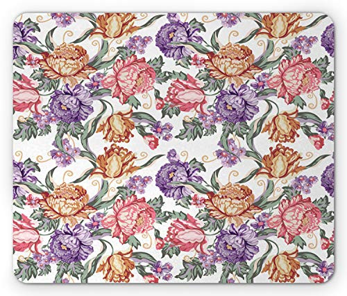 Ambesonne Floral Mouse Pad  Vintage Colorful Flowers and Curls on White Background Romantic Spring Pattern Print  Rectangle Non-Slip Rubber Mousepad  Standard Size  Multicolor