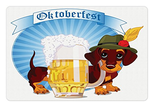 Lunarable Oktoberfest Pet Mat for Food and Water  Dachshund Dog with Hat and Pint of Beer on Striped Background Print  Rectangle Non-Slip Rubber Mat for Dogs and Cats  Blue Yellow Brown