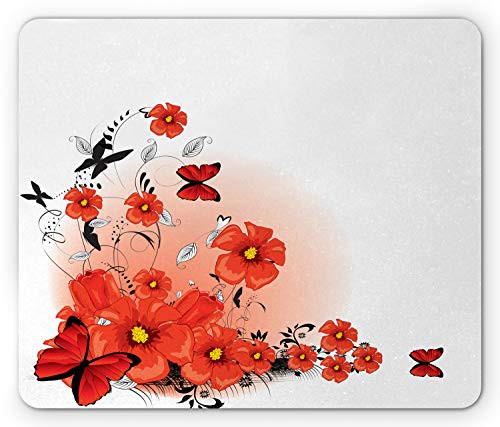 Ambesonne Poppy Flower Mouse Pad  Floral Background with Butterflies Spring Season Hope Inspiration Theme  Rectangle Non-Slip Rubber Mousepad  Standard Size  Red White Black
