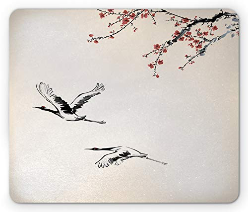 Ambesonne Birds Mouse Pad  Branches of Japanese Cherry Tree with Flying Swallows in The Air Spring Colors  Rectangle Non-Slip Rubber Mousepad  Standard Size  Red Grey Ecru