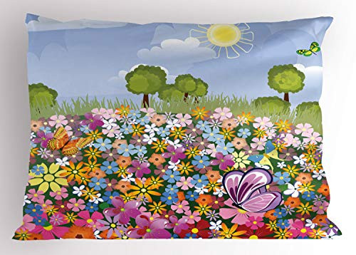 Ambesonne Nursery Pillow Sham  Flourishing Spring Meadow with Colorful Blossoms Butterflies Trees Growth Foliage  Decorative Standard Queen Size Printed Pillowcase  30 inch X 20 inch  Multicolor