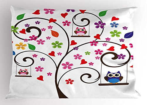Ambesonne Nursery Pillow Sham  Spring Tree with Curly Branches Colorful Fresh Blossoms Owls Swinging  Decorative Standard Queen Size Printed Pillowcase  30 inch X 20 inch  Black Multicolor