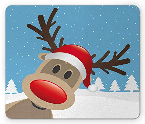 Ambesonne Christmas Mouse Pad  Reindeer Rudolph Red Nose and Santa Claus Hat Snowy Forest  Rectangle Non-Slip Rubber Mousepad  Standard Size  Pale Blue Red Pale Brown