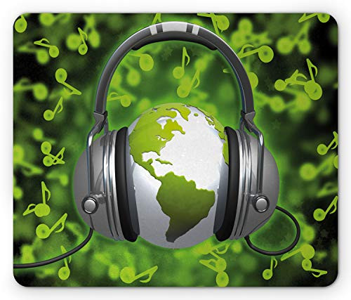 Ambesonne World Mouse Pad  World of Music Themed Composition DJ Headphones Musical Notes and Earth Globe  Rectangle Non-Slip Rubber Mousepad  Standard Size  Lime Green Grey