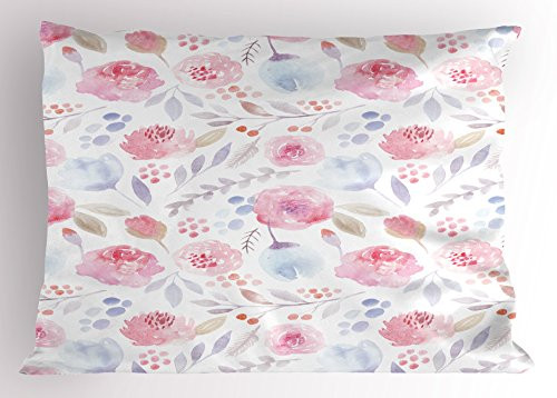 Ambesonne Watercolor Pillow Sham  Delicate Spring Pattern Blooming Roses Buds Leaves Feminine Romantic  Decorative Standard King Size Printed Pillowcase  36 inch X 20 inch  Pale Pink Baby Blue