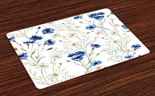 Lunarable Watercolor Flower Place Mats Set of 4  Wildflowers and Cornflowers Daisies Blooms Flower Buds  Washable Fabric Placemats for Dining Table  Standard Size  Green Marigold