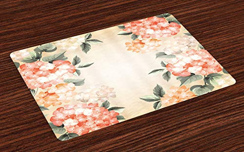 Ambesonne Floral Place Mats Set of 4  Blooming Hydrangea Flowers Leaves Bouquet Vintage Style Spring Nature Print  Washable Fabric Placemats for Dining Room Kitchen Table Decor  Salmon Green