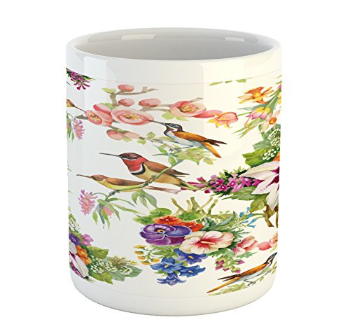 Ambesonne Floral Mug  Watercolor Wild Exotic Mockingbirds and Spring Flowers Branches Botanical Artwork  Printed Ceramic Coffee Mug Water Tea Drinks Cup  Multicolor