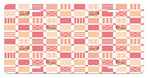 Lunarable Dusty Rose License Plate  Patchwork Inspired with Different Patterned Squares Shabby Form Style  High Gloss Aluminum Novelty Plate  5.88 inch X 11.88 inch  Salmon Dark Coral