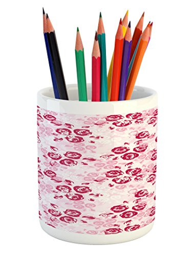 Lunarable Maroon Pencil Pen Holder  Spring Garden Pattern with English Rose Blooms Romantic Abstract  Printed Ceramic Pencil Pen Holder for Desk Office Accessory  Maroon Pale Pink White