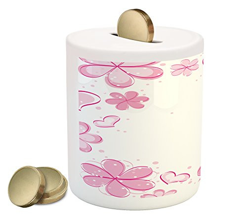 Lunarable Pale Pink Piggy Bank  Inspirational Girls Hearts Flower Petals Spring Style Kids Design  Printed Ceramic Coin Bank Money Box for Cash Saving  White Baby Pink