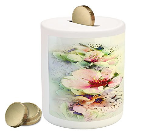 Lunarable Shabby Flora Piggy Bank  Spring Season Floral Flower Details with Leaves Abstract Backdrop  Printed Ceramic Coin Bank Money Box for Cash Saving  Pale Pink and White