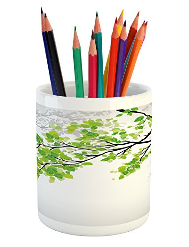 Lunarable Nature Pencil Pen Holder  Twiggy Spring Tree Branch with Refreshing Leaves Summer Peaceful Woodland Graphic  Printed Ceramic Pencil Pen Holder for Desk Office Accessory  Green Grey