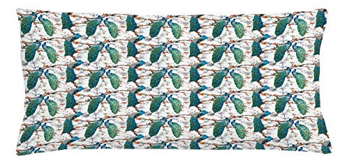 Lunarable Peacock Throw Pillow Cushion Cover  Peacocks Resting on Blooming Tree Branches Spring Leaves Buds Raster Pattern  Decorative Rectangle Accent Pillow Case  36 inch X 16 inch  Teal White Orange