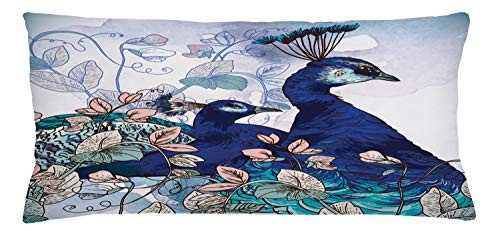 Lunarable Peacock Throw Pillow Cushion Cover  Peacocks Exotic Flowers Plants Garden Forest Spring Illustration  Decorative Rectangle Accent Pillow Case  36 inch X 16 inch  Turquoise Pink