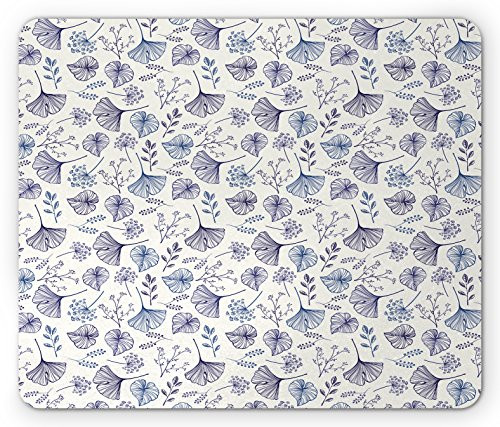 Lunarable Blue Floral Mouse Pad  Botanical Ornament with Leaves Line Art Style Tender Spring Nature  Standard Size Rectangle Non-Slip Rubber Mousepad  Indigo Blue Off White