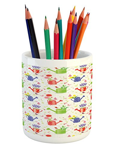 Lunarable Spring Pencil Pen Holder  Nostalgic Style Watering Cans with Blooming Meadow Saffrons Tulips and Lily Flowers  Printed Ceramic Pencil Pen Holder for Desk Office Accessory  Multicolor