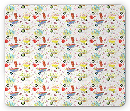 Lunarable Spring Mouse Pad  Ornamental Pattern of Gardening Themed Flowerpots Watering Cans Wheelbarrows  Standard Size Rectangle Non-Slip Rubber Mousepad  Multicolor
