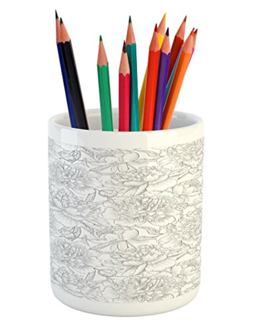 Lunarable Grey and White Pencil Pen Holder  Monochrome Composition Blossoming Peonies with Leaves and Bud Spring Art  Printed Ceramic Pencil Pen Holder for Desk Office Accessory  Grey White