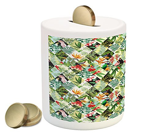 Lunarable Parrots Piggy Bank  Patchwork Pattern Jungle Themed Illustration with Palm Leaves and Animal Design  Printed Ceramic Coin Bank Money Box for Cash Saving  Multicolor