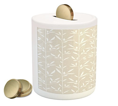 Lunarable Cream Piggy Bank  Vertical Stripes Stems Leaves Pattern Grunge Display Classical Spring Inspired  Printed Ceramic Coin Bank Money Box for Cash Saving  Pale Tan White