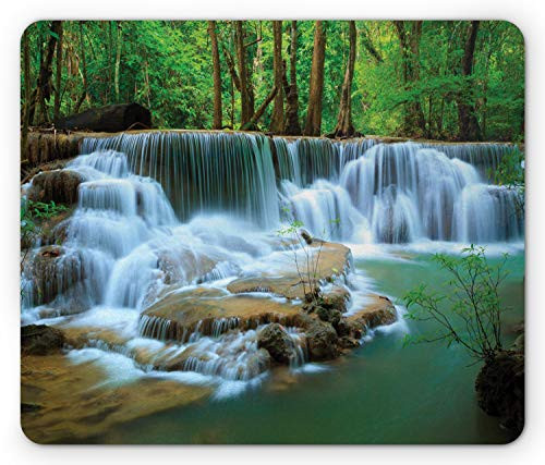 Lunarable Thai Mouse Pad  Calming View Hyperrealistic Illustration of Forest Waterfall Kanchanaburi Thailand  Rectangle Non-Slip Rubber Mousepad  Standard Size  Multicolor