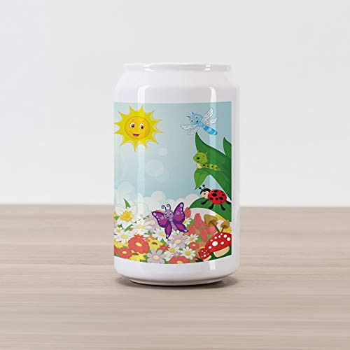 Lunarable Animal Cola Can Shape Piggy Bank  Bee Butterfly Ant Ladybug Snail Floral Mushroom Caterpillar Baby Animal Spring Image  Ceramic Cola Shaped Coin Box Money Bank for Cash Saving  Multicolor