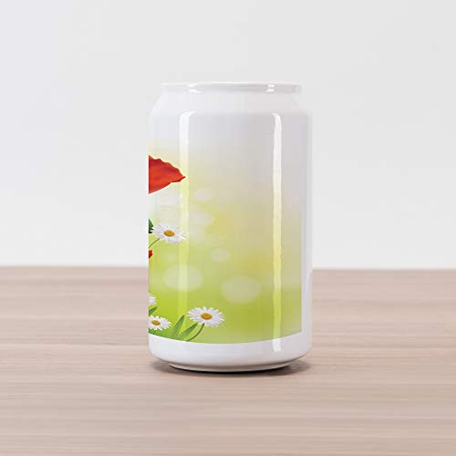 Lunarable Flower Cola Can Shape Piggy Bank  Poppy and Daisy Flowers with Blurred Background Natural Spring Blossoms  Ceramic Cola Shaped Coin Box Money Bank for Cash Saving  Apple Green Red Scarlet