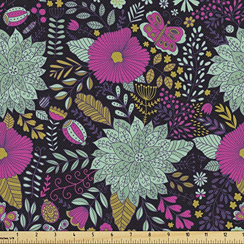 Lunarable Floral Fabric by The Yard  Garden Art Pattern with Hand Drawn Style Flowers and Butterflies Coming of Spring  Decorative Fabric for Upholstery and Home Accents  Multicolor