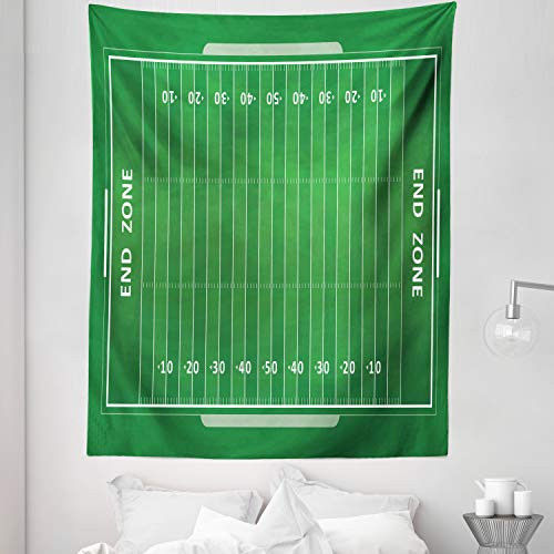 Lunarable Football Tapestry Twin Size  Field of The Game Strategy Tactics End Zone Touchdown Sports Competition Theme  Wall Hanging Bedspread Bed Cover Wall Decor  68 inch X 88 inch  White Green