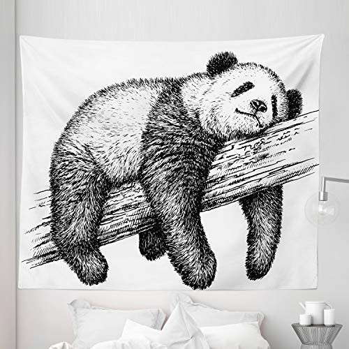 Lunarable Black and White Tapestry King Size  Giant Panda Bear Sleeping on Large Branch Fluffy Creature with Patches  Wall Hanging Bedspread Bed Cover Wall Decor  104 inch X 88 inch  Black White