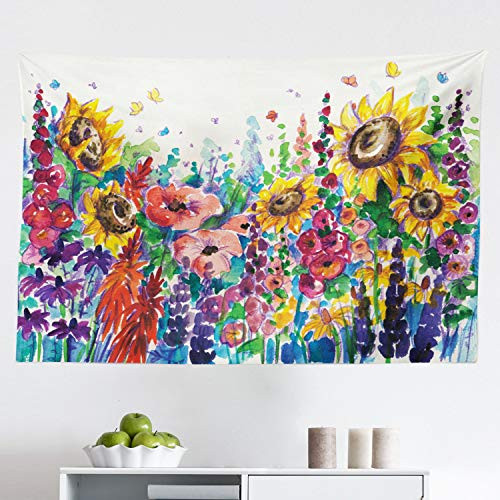 Lunarable Floral Tapestry  Floral Watercolor Style Wildflowers in Country Lansdcape Colorful Flowers Art Print  Fabric Wall Hanging Decor for Bedroom Living Room Dorm  45 inch X 30 inch  Multicolor
