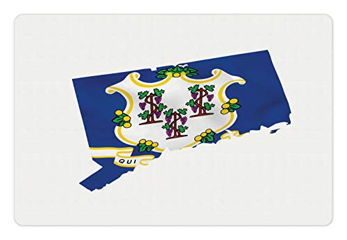 Lunarable Connecticut Pet Mat for Food and Water  Flag on Map of Constitution State Grape Branches White Seal  Rectangle Non-Slip Rubber Mat for Dogs and Cats  Cobalt Blue and Multicolor