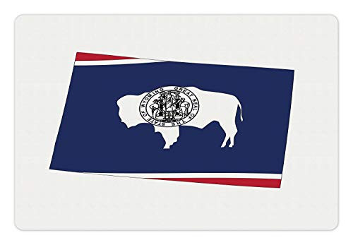 Lunarable Wyoming Pet Mat for Food and Water  US State Map with Flag Equality State Seal on a Bison Equal Rights  Rectangle Non-Slip Rubber Mat for Dogs and Cats  Cobalt Blue Magenta White