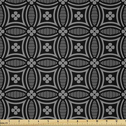 Lunarable Black and Grey Fabric by The Yard  Antique Old Style Mosaic Tiles with Circles Little Flowers and Lines  Microfiber Fabric for Arts and Crafts Textiles  and  Decor  1 Yard  Black and Grey