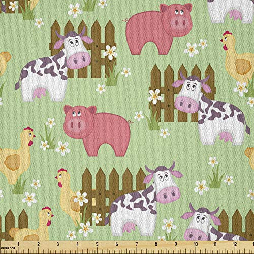 Lunarable Farmhouse Fabric by The Yard  Country Style Cartoon Animals Print with Cow Pig and Chicken Near The Fence Image  Microfiber Fabric for Arts and Crafts Textiles  and  Decor  1 Yard  Multicolor