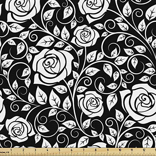 Lunarable Floral Fabric by The Yard  Monochrome Blossoming Roses with Foliage Leaves Romantic Spring Growth Pattern  Decorative Fabric for Upholstery and Home Accents  Black and White