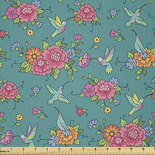Lunarable Hummingbirds Fabric by The Yard  Nature Wildlife Inspired Pattern with Colorful Spring Wildflowers and Birds  Microfiber Fabric for Arts and Crafts Textiles  and  Decor  1 Yard  Multicolor