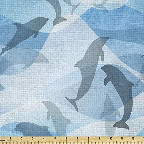 Lunarable Sea Animals Fabric by The Yard  Dolphin Silhouettes with Abstract Ocean Waves Aquatic Life  Microfiber Fabric for Arts and Crafts Textiles  and  Decor  1 Yard  Pale Blue Grey White