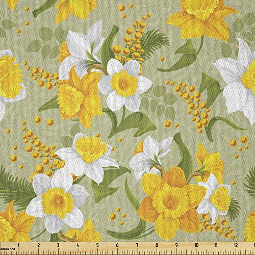 Lunarable Daffodil Fabric by The Yard  Vintage Inspirations Floral Arrangement Pattern Romantic Bouquet Nature  Microfiber Fabric for Arts and Crafts Textiles  and  Decor  1 Yard  Green Marigold White