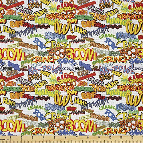 Lunarable Superhero Fabric by The Yard  Retro Comic Book Expressions Humor Cartoon Scream Crash Pow Vintage Design  Microfiber Fabric for Arts and Crafts Textiles  and  Decor  1 Yard  Red Yellow