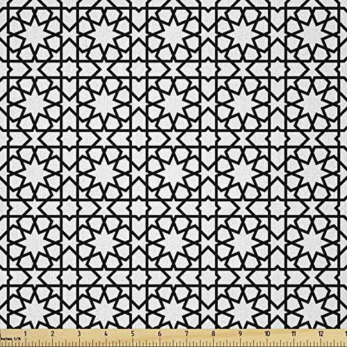 Lunarable Moroccan Fabric by The Yard  Moroccan Style Mosaic Ornament with Geometric Patterns Classic Print  Microfiber Fabric for Arts and Crafts Textiles  and  Decor  1 Yard  Black White