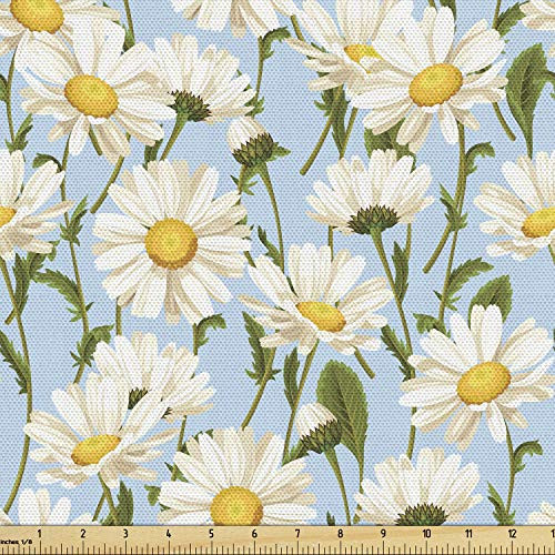 Lunarable Daisy Fabric by The Yard  Chamomile Flowers Garden Spring Foliage Harvest Yard Shabby Pattern  Decorative Fabric for Upholstery and Home Accents  1 Yard  Olive Green