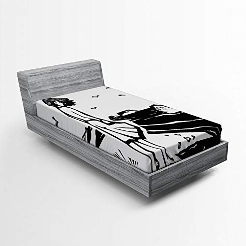 Lunarable Beach Fitted Sheet  Woodcut Style Illustration with Girl on The Beach Looking at a Seal in Wavy Sea  Bed Cover with All-Round Elastic Deep Pocket for Comfort  Twin Size  Black and White