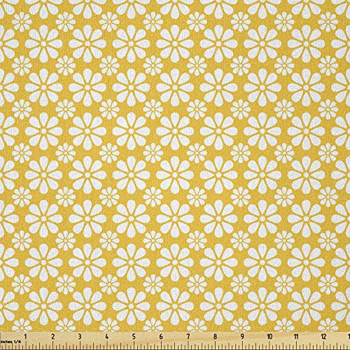 Lunarable Floral Fabric by The Yard  Monochrome Geometric Ornamental Flowers Vintage Daisies Nostalgic Pattern  Microfiber Fabric for Arts and Crafts Textiles  and  Decor  Yellow and White