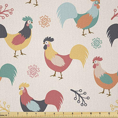 Lunarable Chicken Fabric by The Yard  Farmland Animal Pattern with Cartoon Style Drawing Roosters with Floral Elements  Microfiber Fabric for Arts and Crafts Textiles  and  Decor  Multicolor