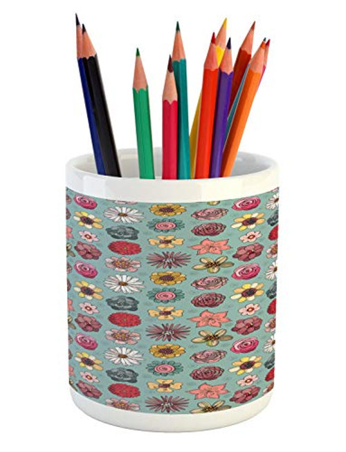Lunarable Floral Pencil Pen Holder  Hand Drawing Flourish Pattern of Different Type Flowers Spring Doodle  Ceramic Pencil Holder for Desk Office Accessory  3.6 inch X 3.2 inch  Cadet Blue and Multicolor
