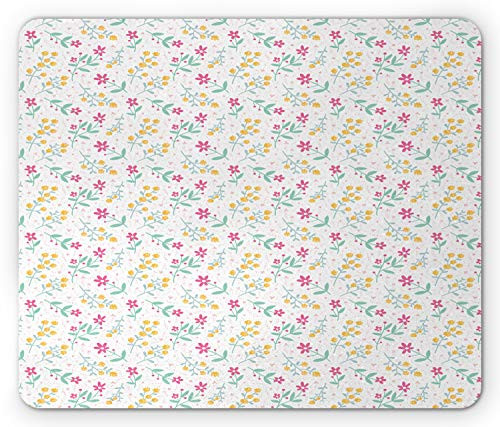 Lunarable Floral Mouse Pad  Print of Colorful Repetitive Innocent Flowers Spring Blossoms Pattern  Rectangle Non-Slip Rubber Mousepad  Standard Size  Seafoam Pink and Mustard