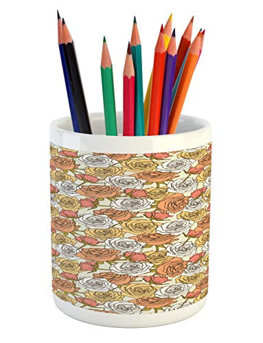 Lunarable Floral Pencil Pen Holder  Rose Blossoms Romantic Pastel Petals Fragrance Bouquets Spring Retro  Ceramic Pencil Holder for Desk Office Accessory  3.6 inch X 3.2 inch  Coconut and Multicolor